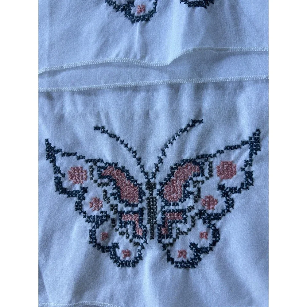 Vintage Cross Stitch Pillowcases Hand Embroidered Butterfly White 2 Pr Cottage